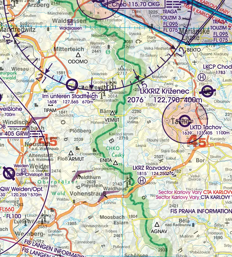 Points de passage frontaliers sur la carte aéronautique de l'Allemagne en 500k