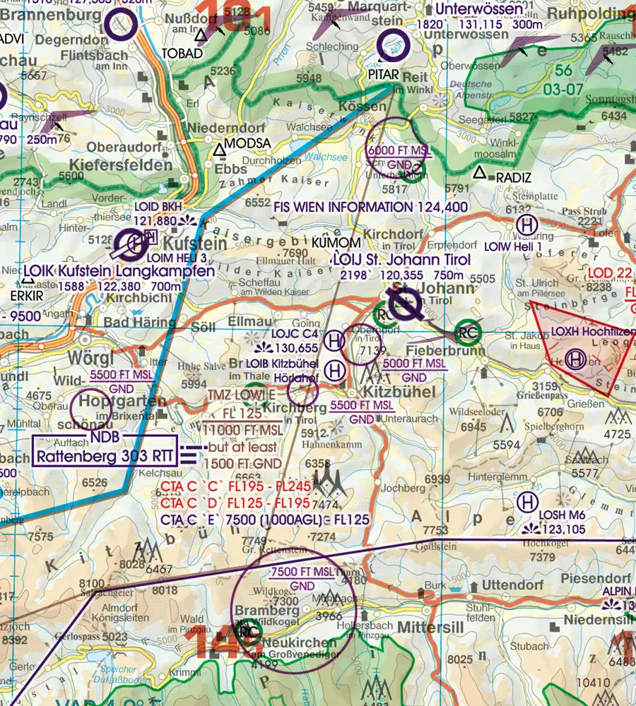 RMZ zone de radiocommunication obligatoire sur la carte aéronautique de l'Autriche en 500k