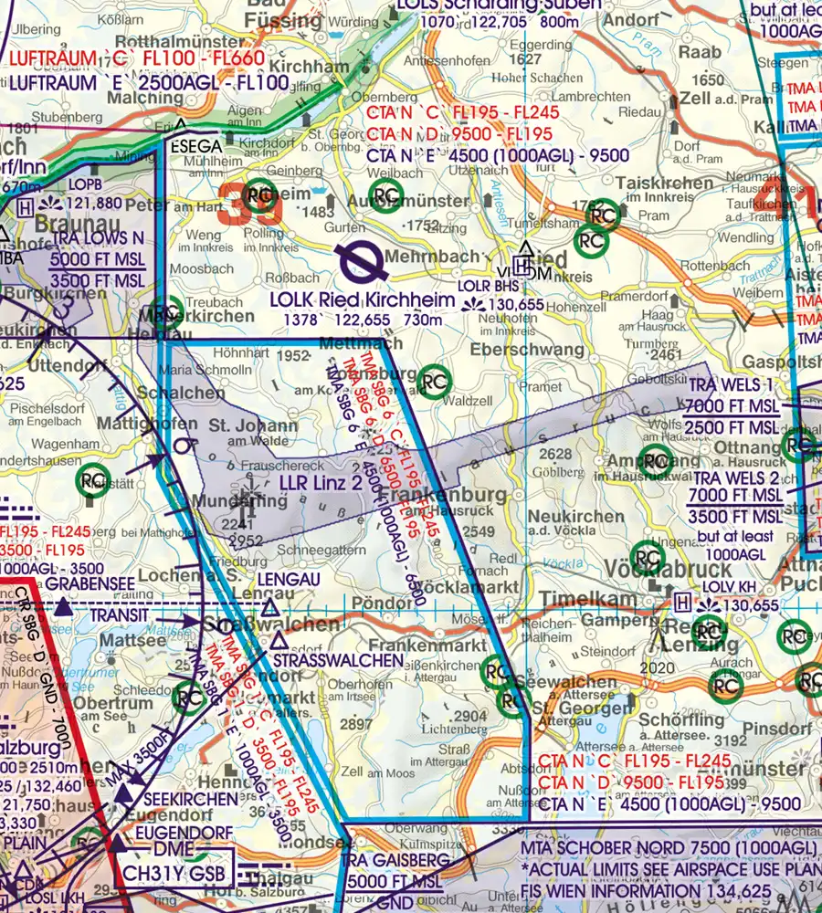 TMA région de contrôle terminale sur la carte VFR de l'Autriche sur 500k