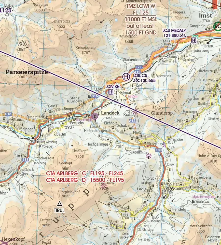 Héliport hôpital sur la carte OACI 200k de l'Autriche