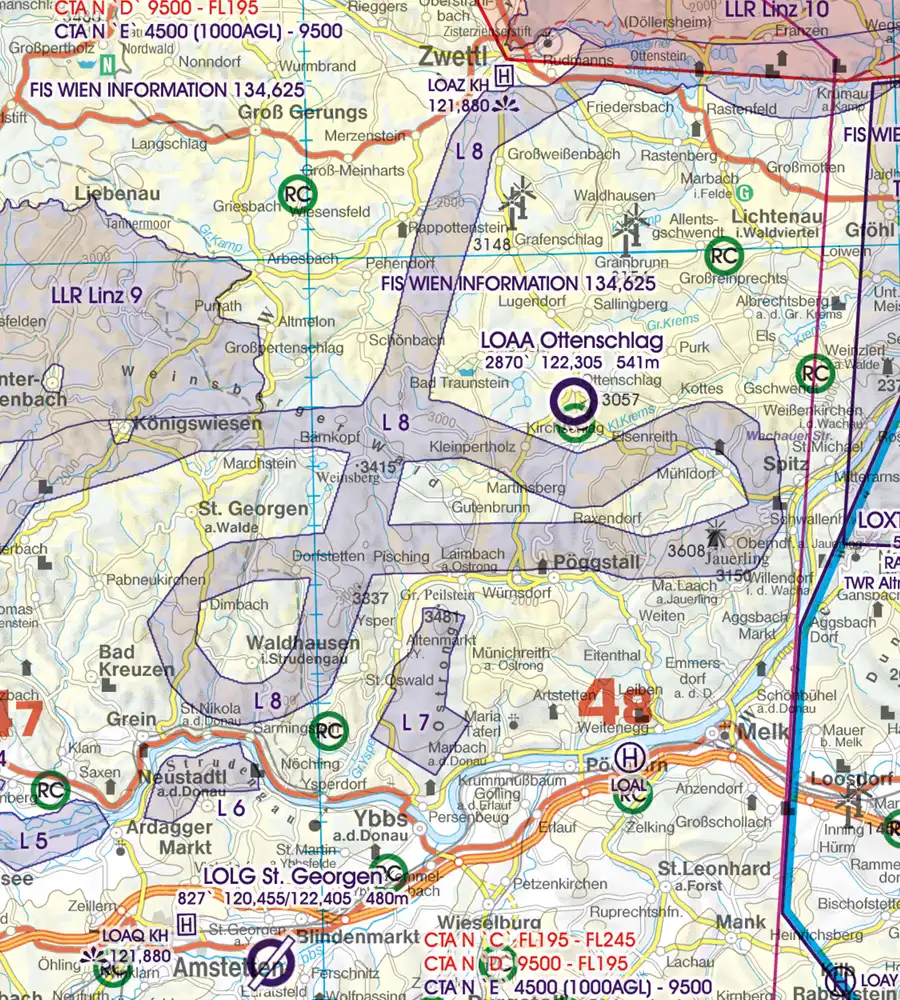 Parcours à basse altitude militaire sur la carte aéronautique de l'Autriche en 500k