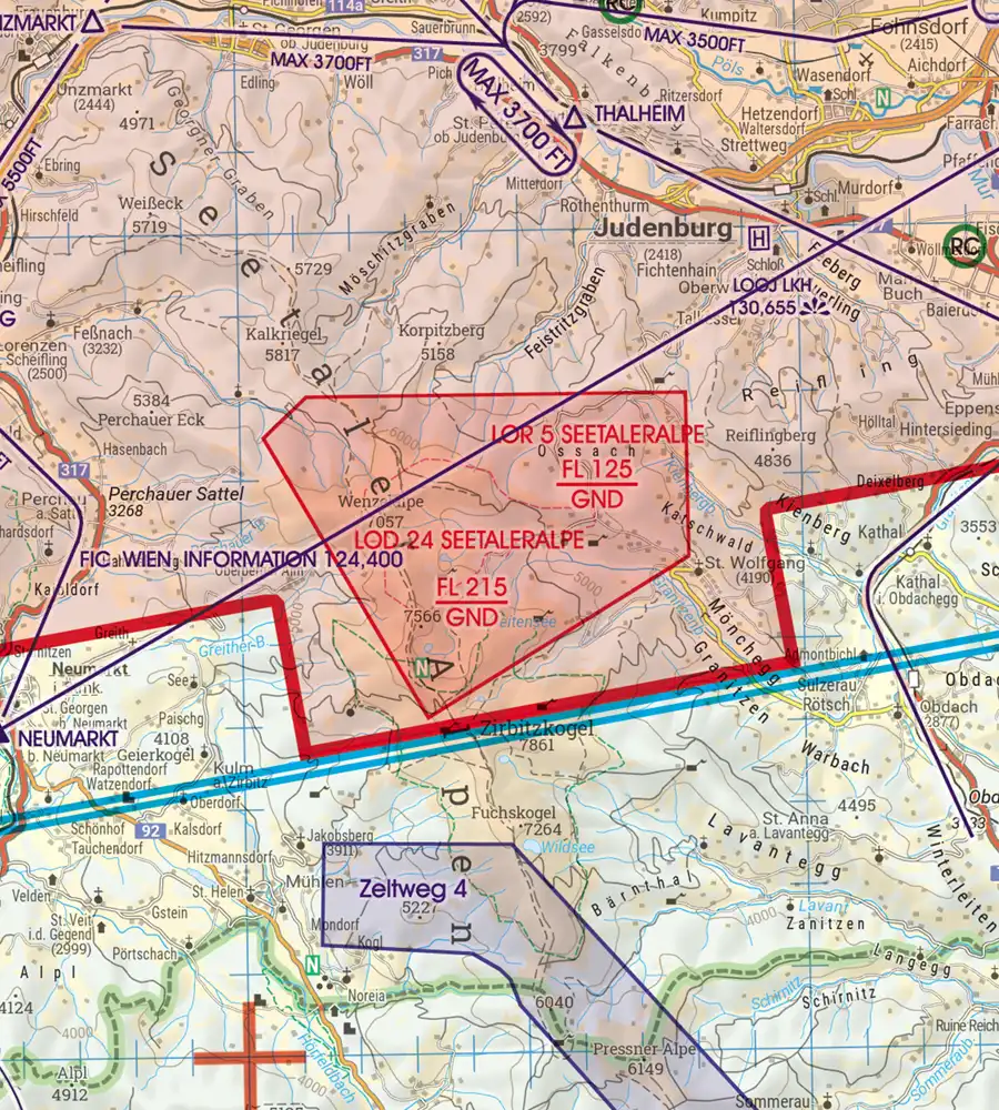 Zone de danger et restriction de vol sur la carte aéronautique de l'Autriche en 200k