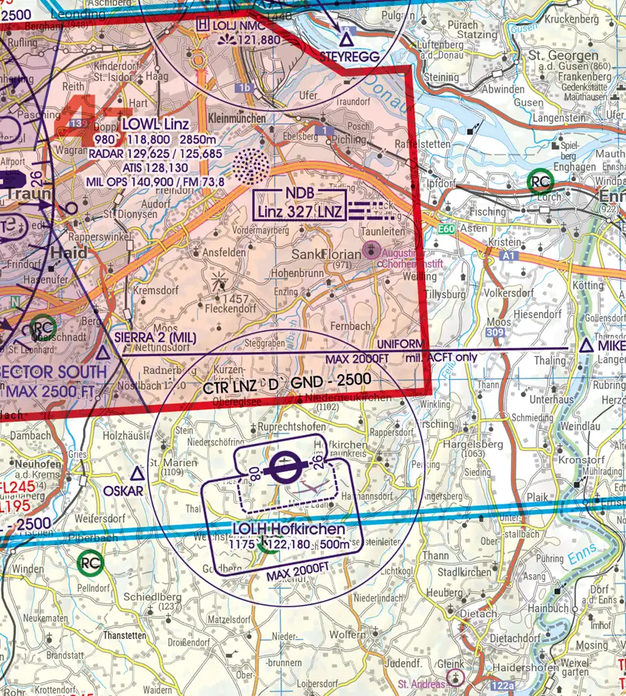 CTR zone de contrôle sur la carte OACI de l'Autriche en 200k