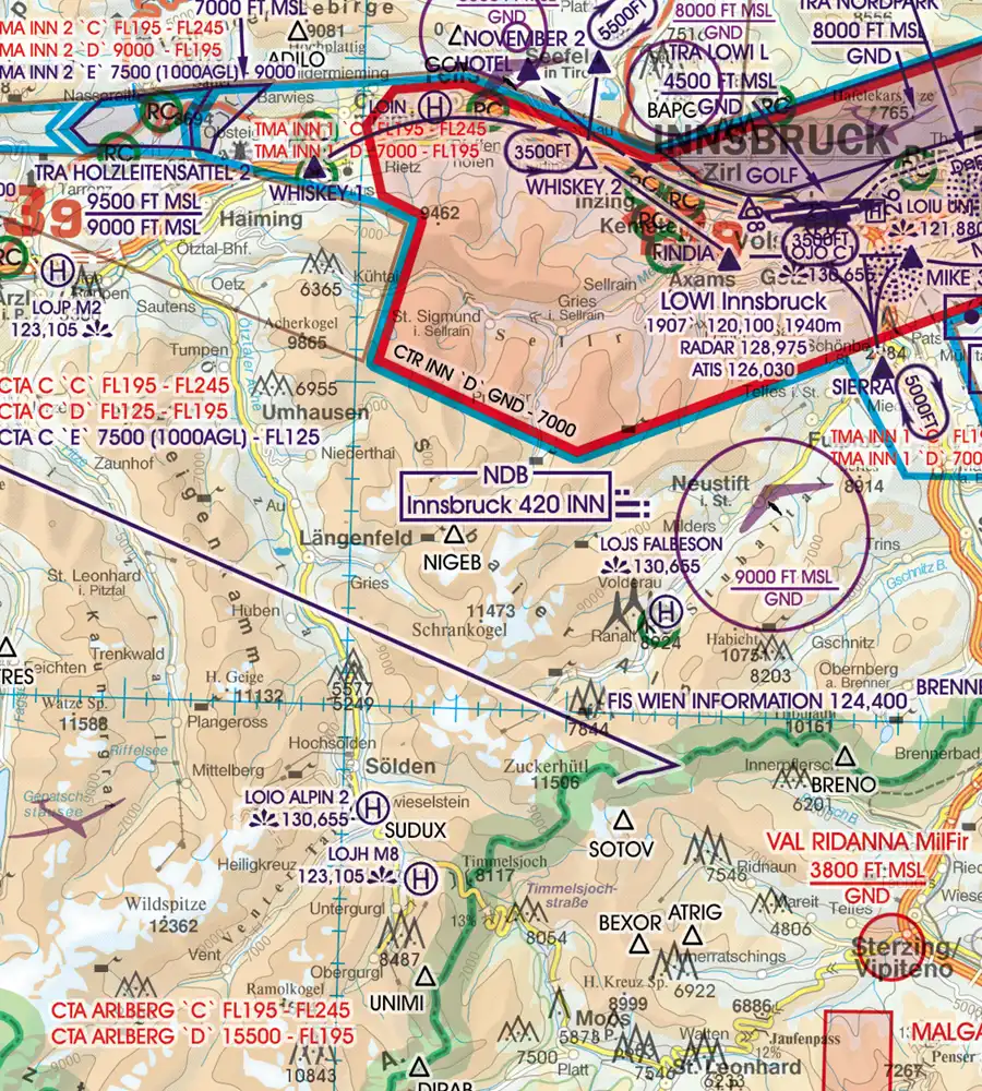 Zone de contrôle sur la carte aéronautique de l'Autriche en 500k