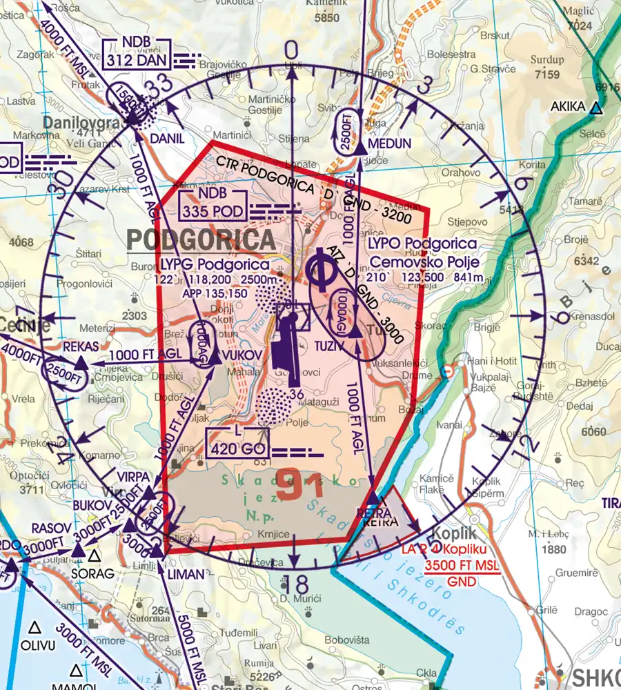 Procédure d'approche au Monténégro sur la carte aéronautique en 500k