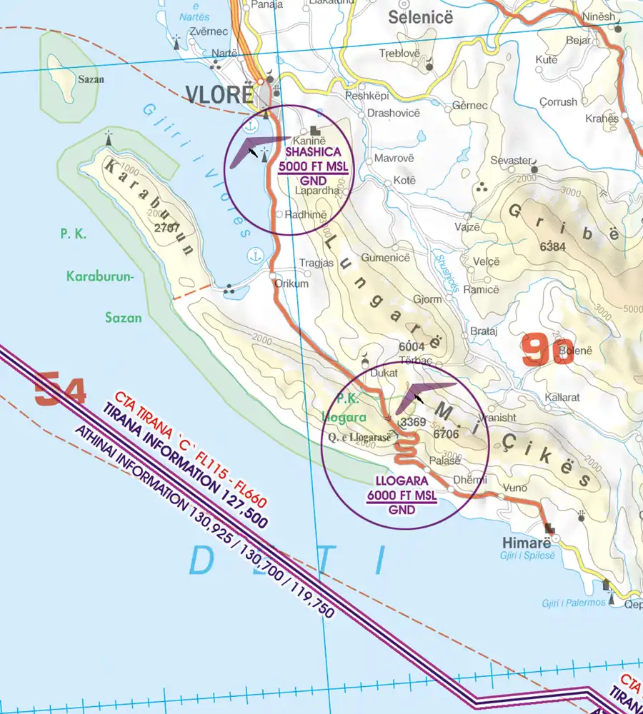 Zones d'activités récréatives aériens sur la carte Balkans 500k