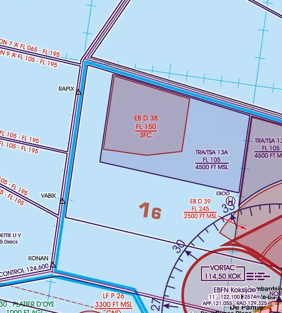 TRA réservation temporaire de l'espace aérien sur la carte aéronautique de la Belgique en 500k