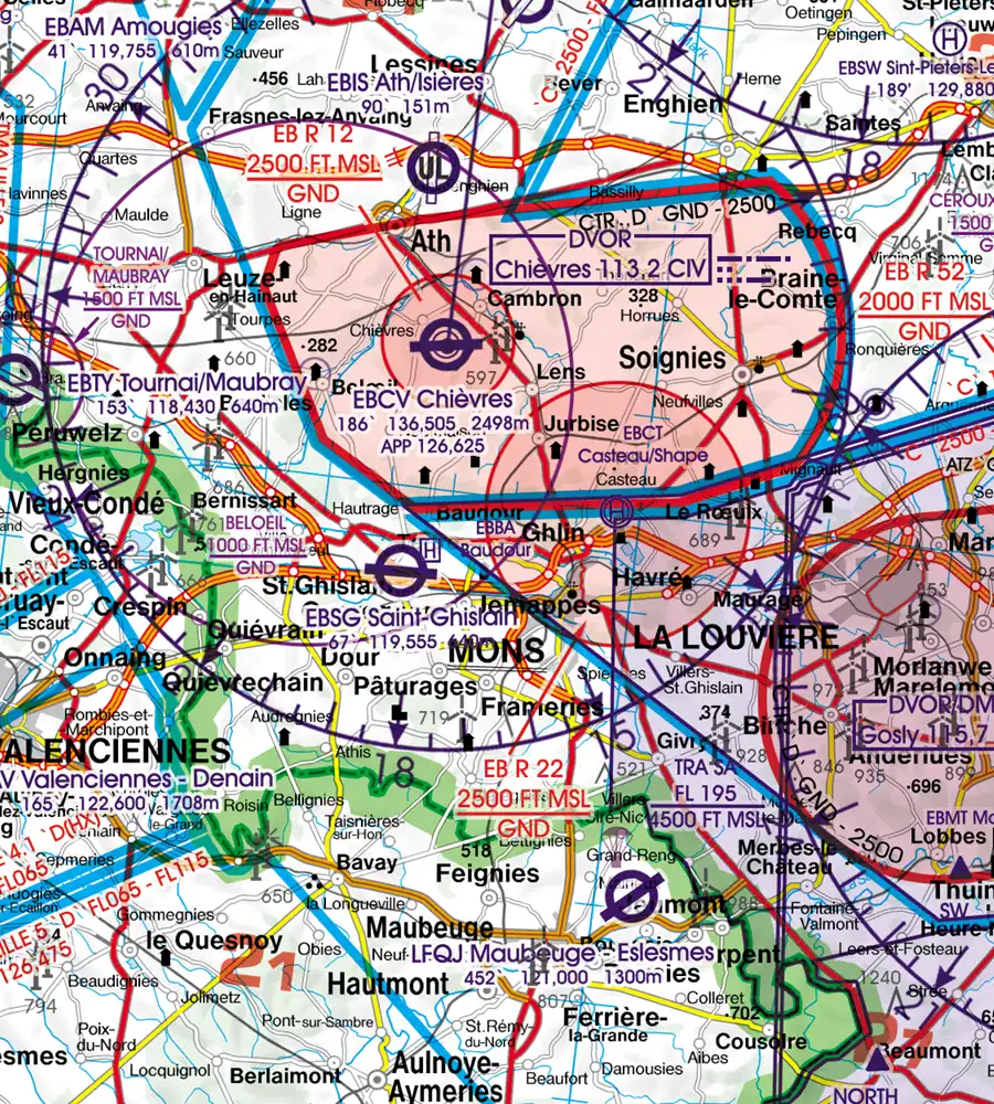 zone de contrôle CTR sur la carte VFR 500k de la Belgique