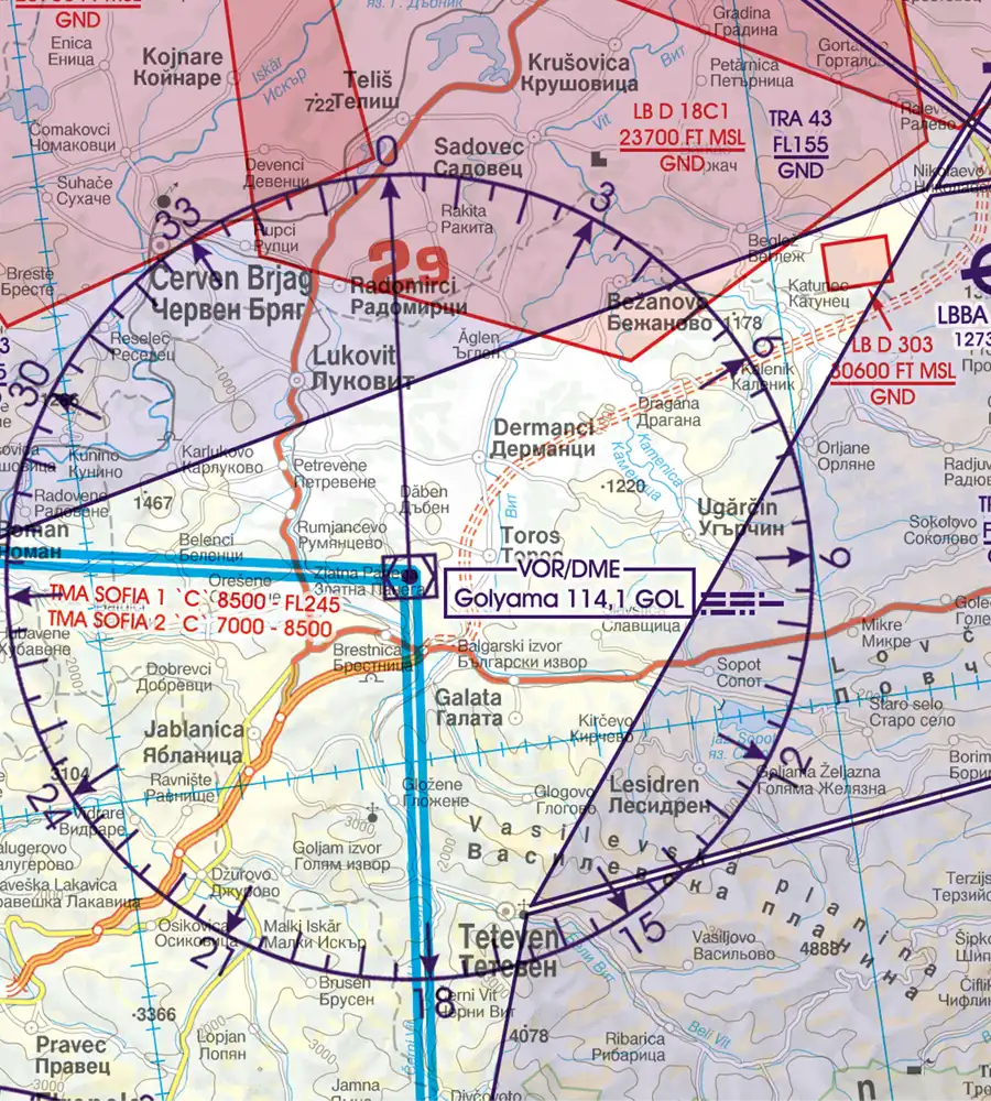 VOR/DME radiophare omnidirectionnel sur la carte VFR en 500k de la Bulgarie