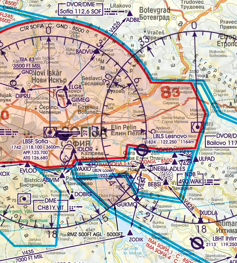 Aéroport sur la carte aéronautique VFR de la Bulgarie en 500k