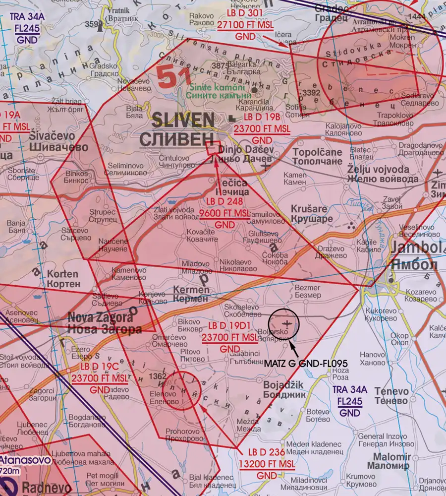 Zone de danger sur la carte VFR de la Bulgarie en 500k