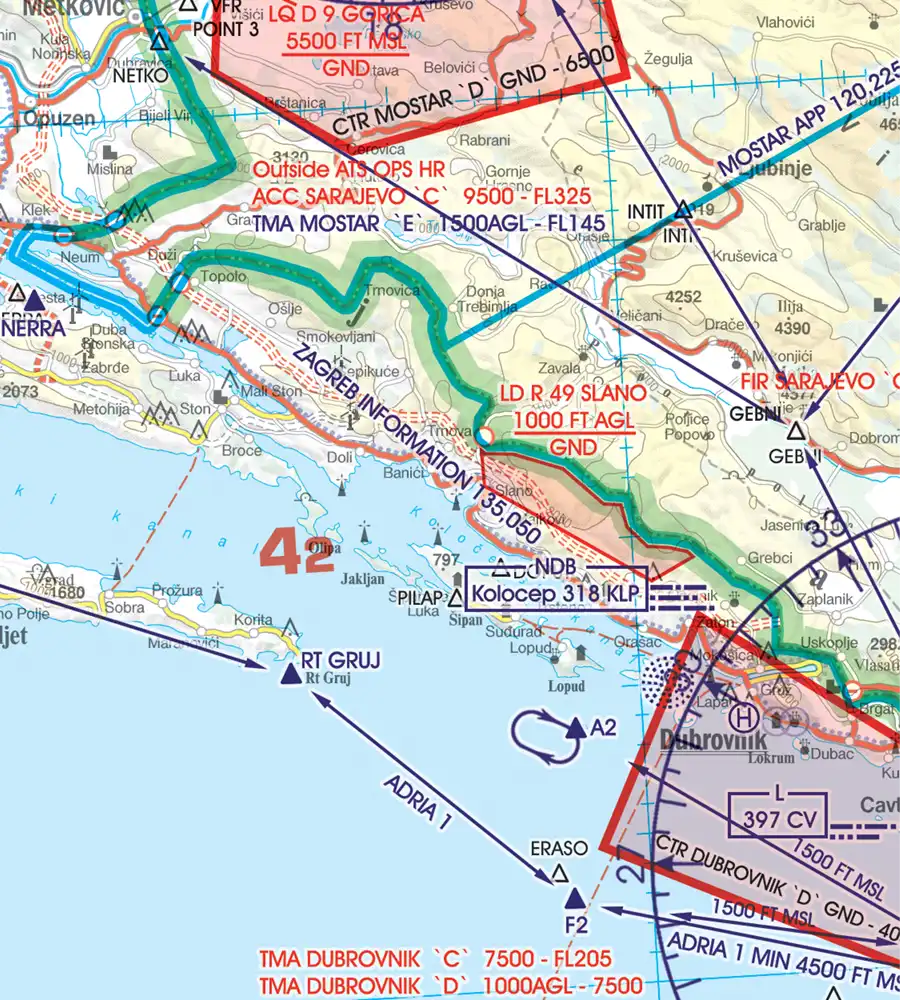 Carte de vol à vue de la Croatie et de la Bosnie Herzègovine en 500k