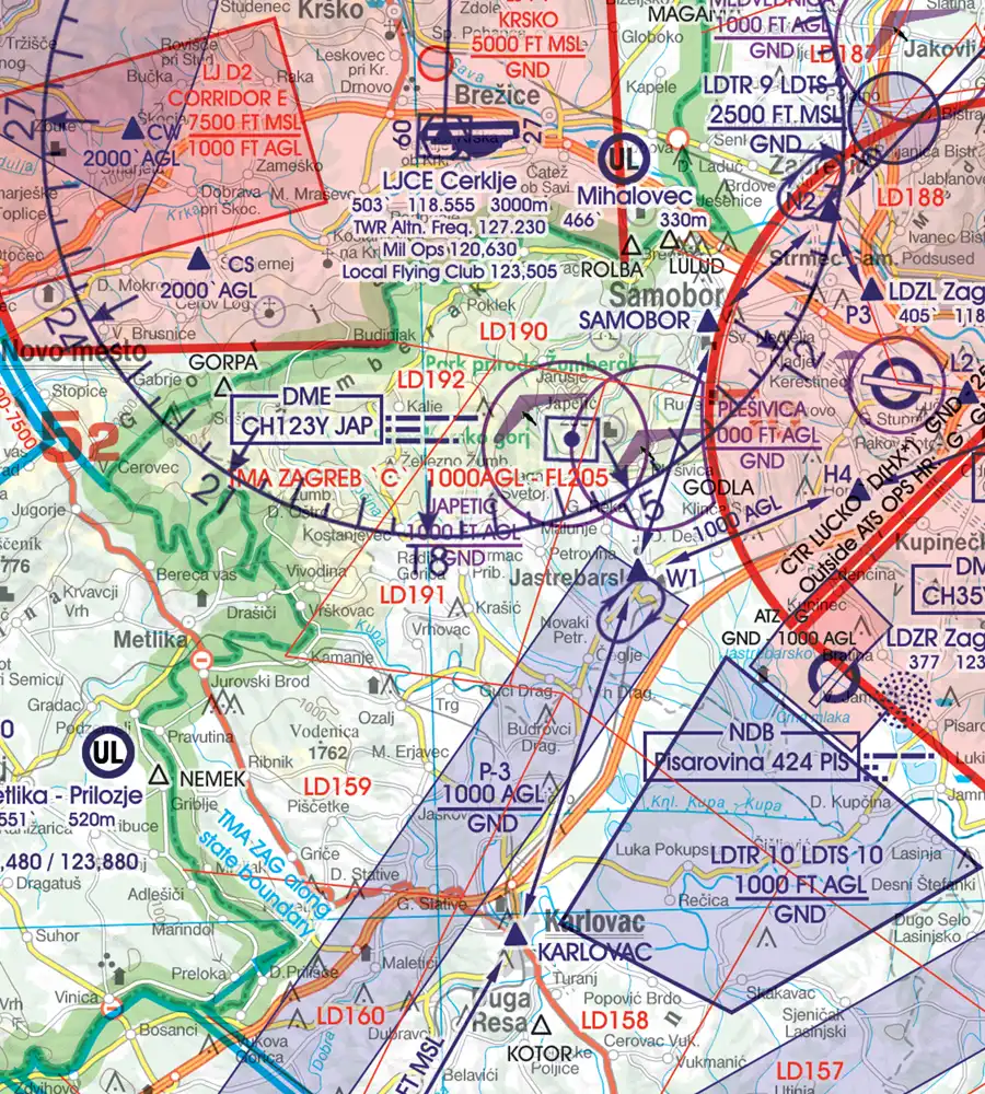 Points de passage frontaliers sur la carte VFR de la Croatie en 500k