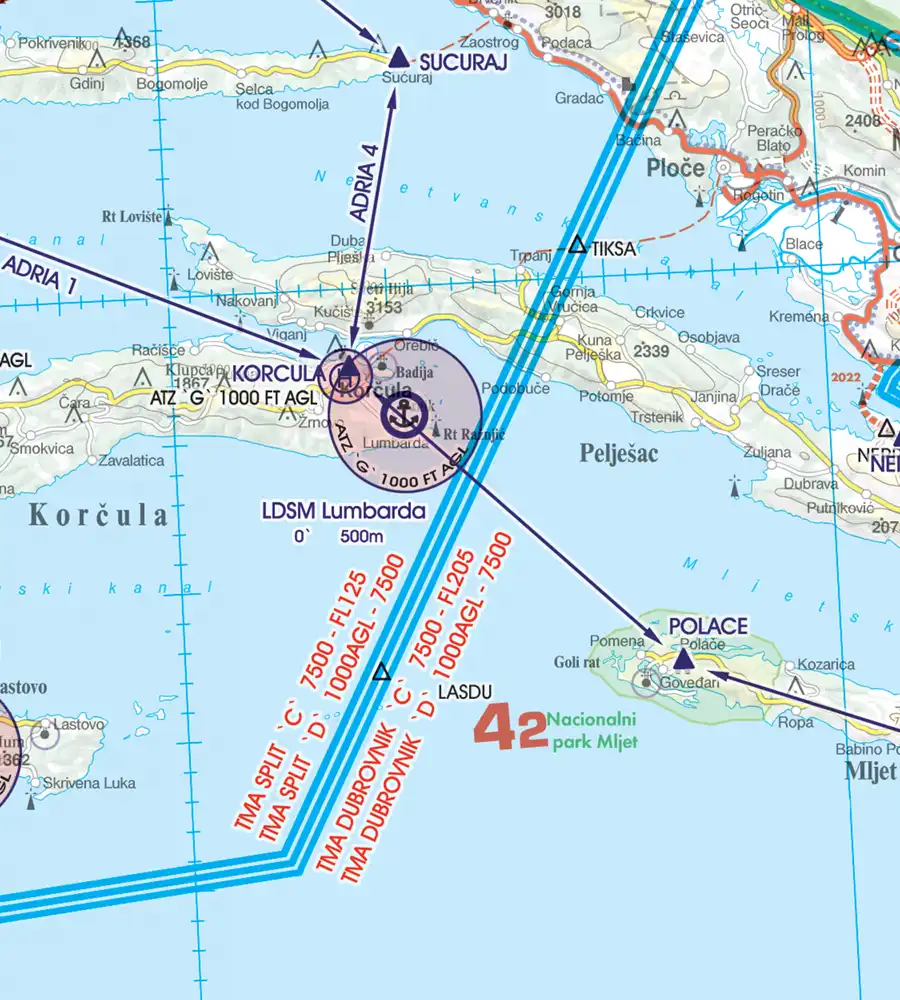 Réserve naturelle sur la carte VFR de la Croatie en 500k