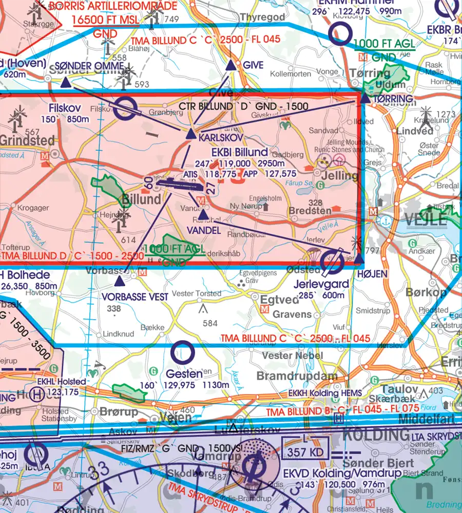 Procédure d'approche sur la carte OACI du Danemark en 500k