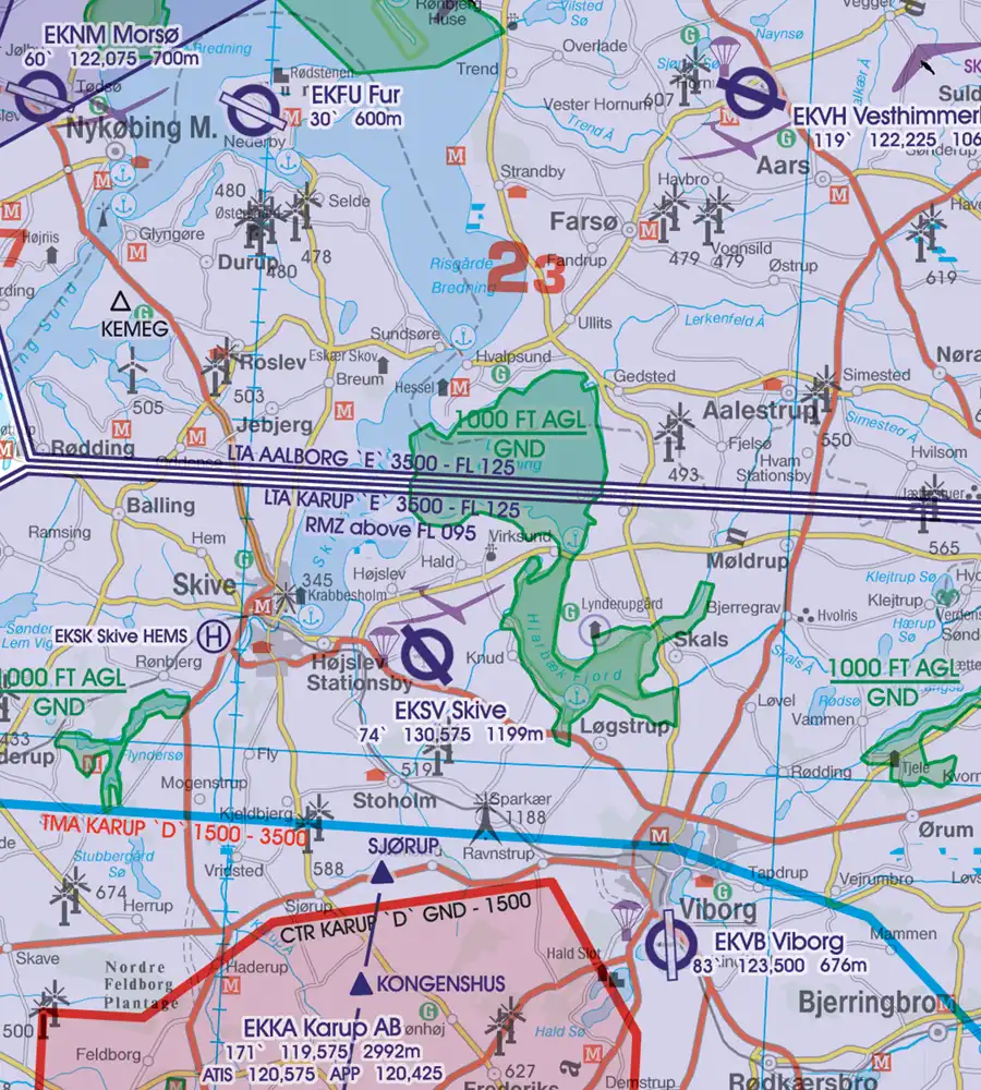 Zones d'activités récréatives aériens en 500k sur la carte VFR du Danemark