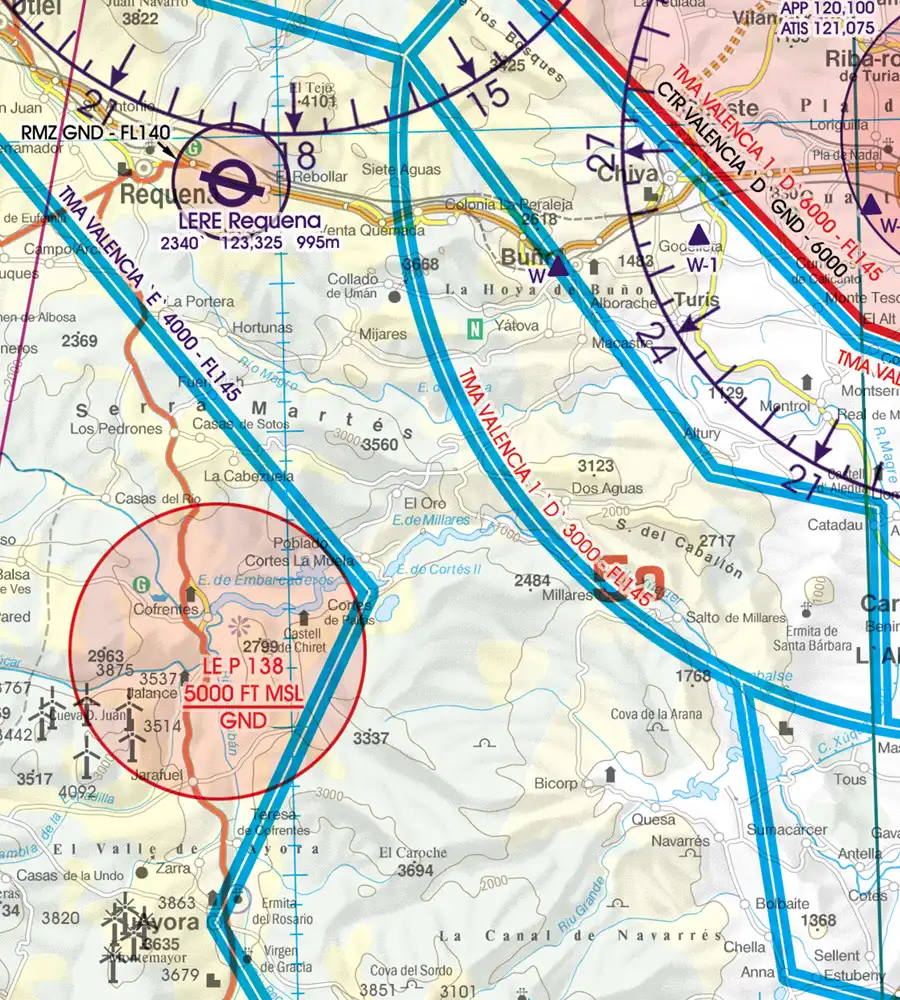 TMA région de contrôle terminale sur la carte VFR 500k de l'Espagne
