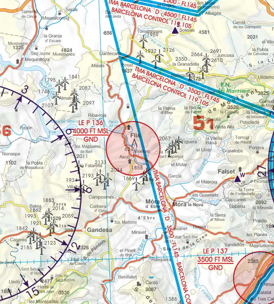 Zone de danger et restriction de vol sur la carte VFR 500k de l'Espagne