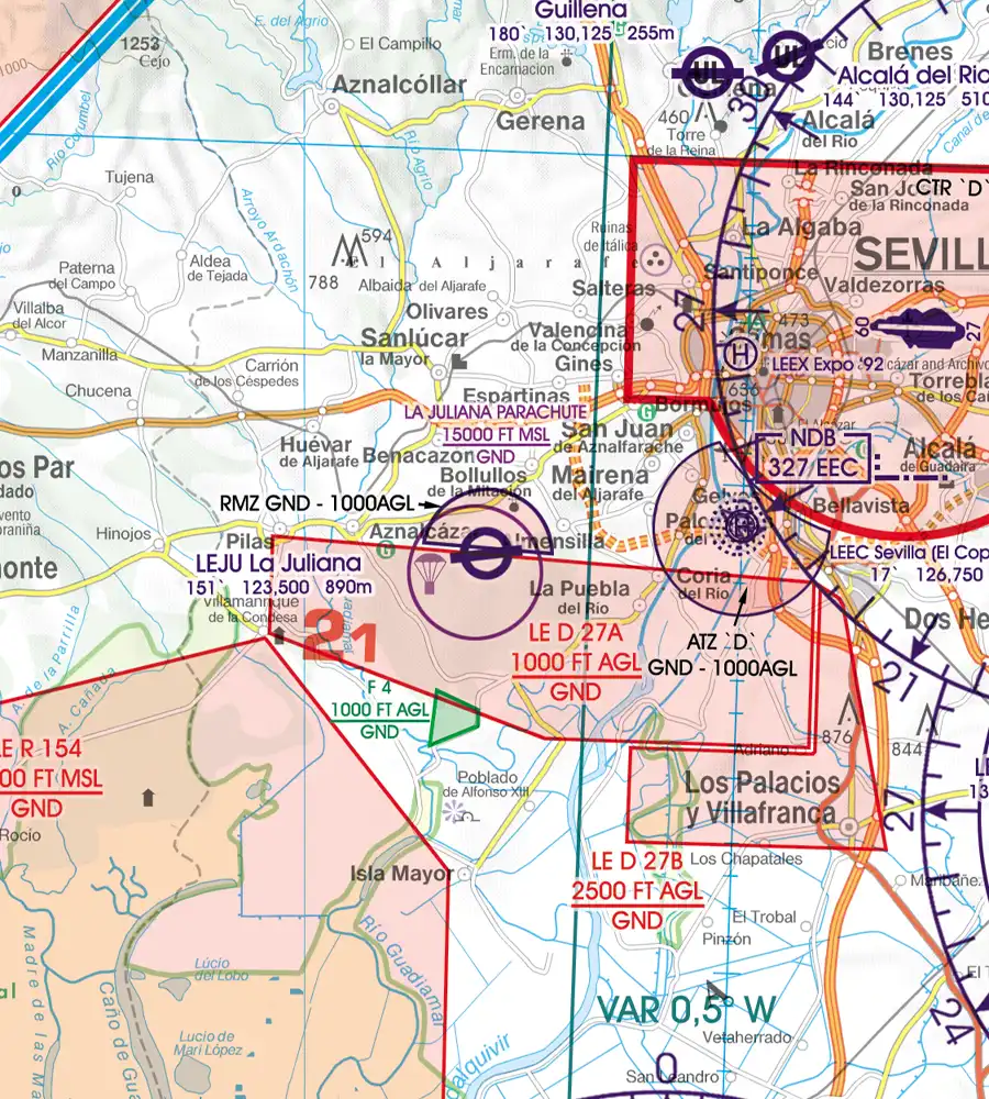 Zones d'activités récréatives aériens sur la carte OACI 500k de l'Espagne
