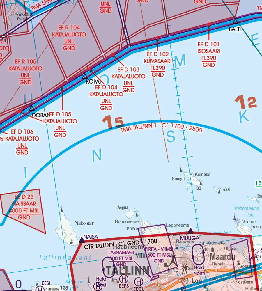 Points de passage frontaliers sur la carte aéronautique de l'Estonie en 500k