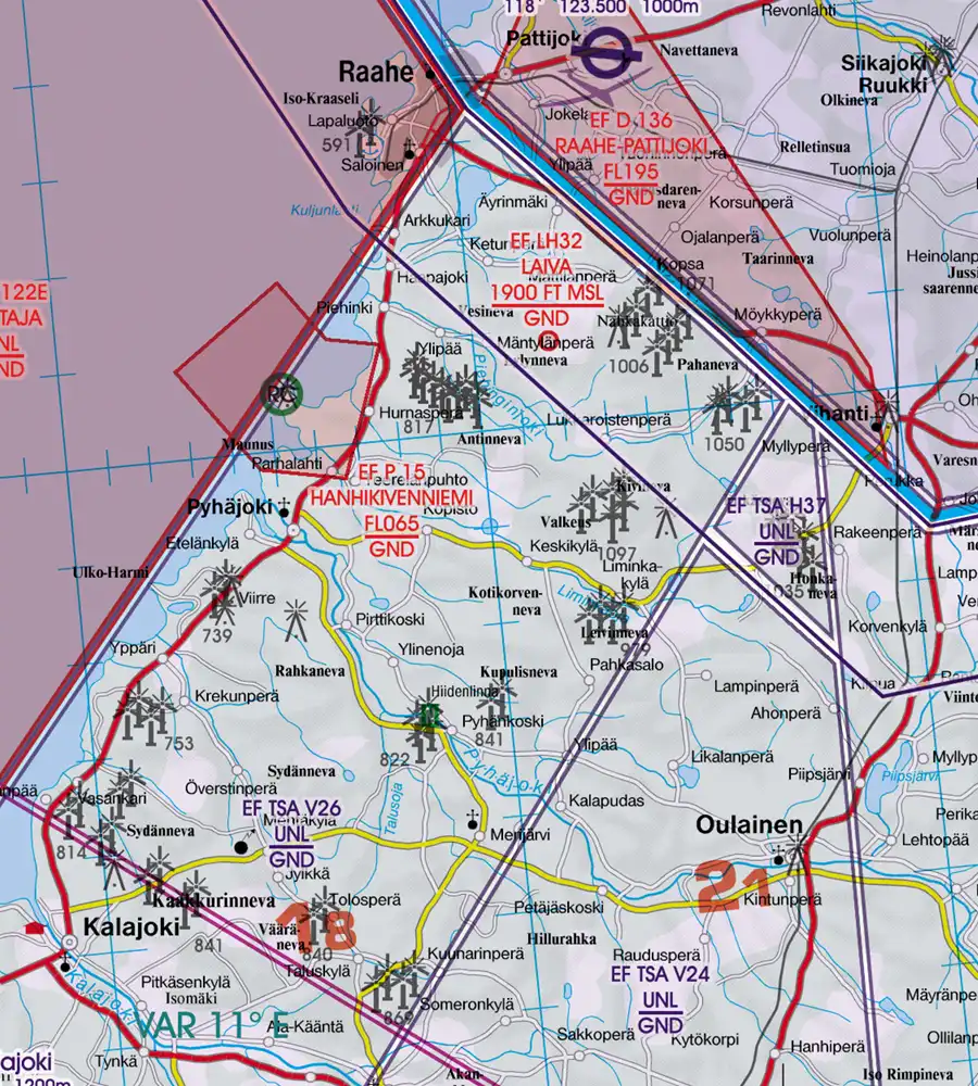 Parc éolien sur la carte VFR de la Finlande en 500k