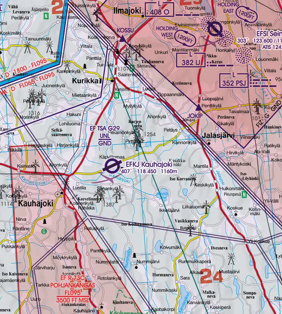 Planeurs et parc éolien en 500k sur la carte aéronautique de la Finlande