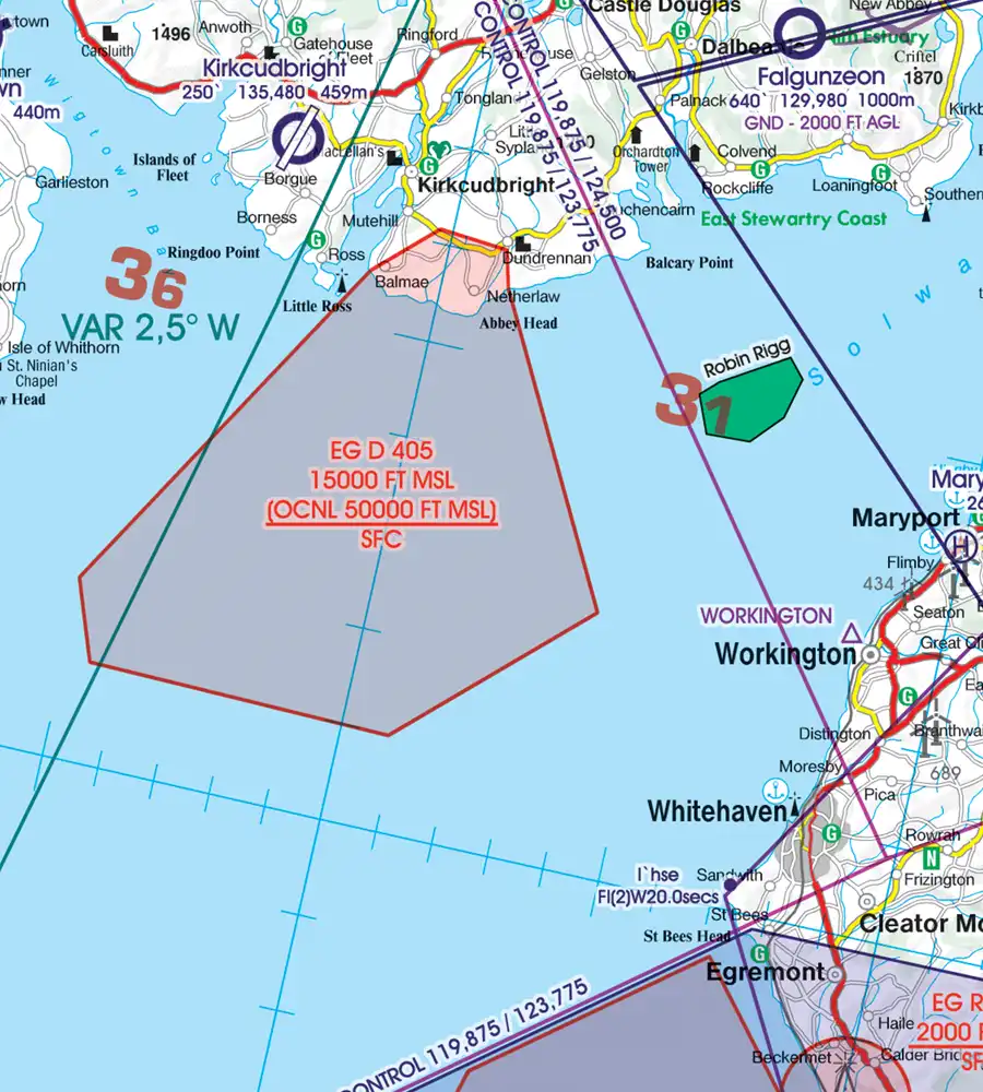 EG-D zone de danger sur la carte aéronautique de la Grande-Bretagne en 500k