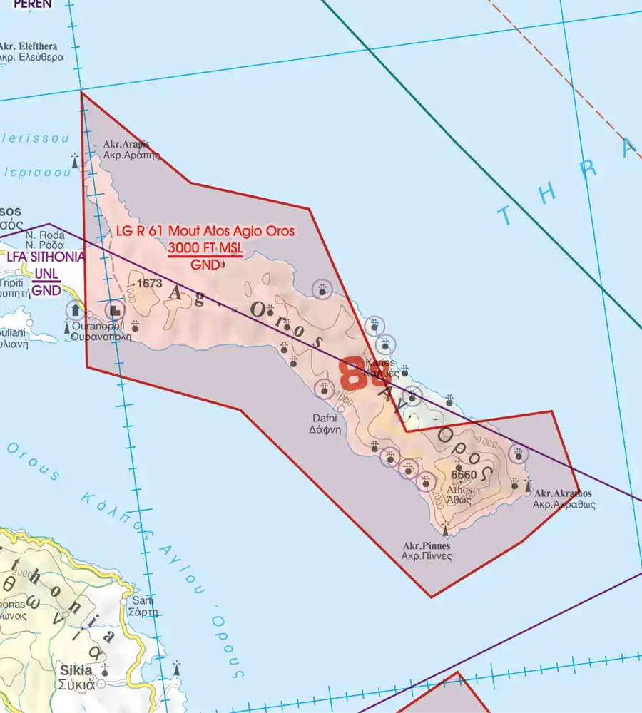 Zone de restriction de vol sur la carte aéronautique de la Grèce en 500k