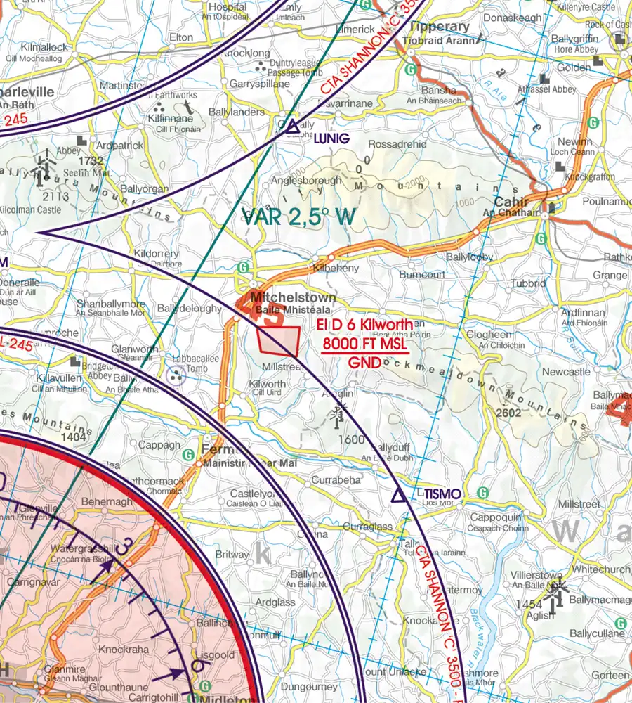 EI-D zone de danger sur la carte VFR en 500k de l'Irlande