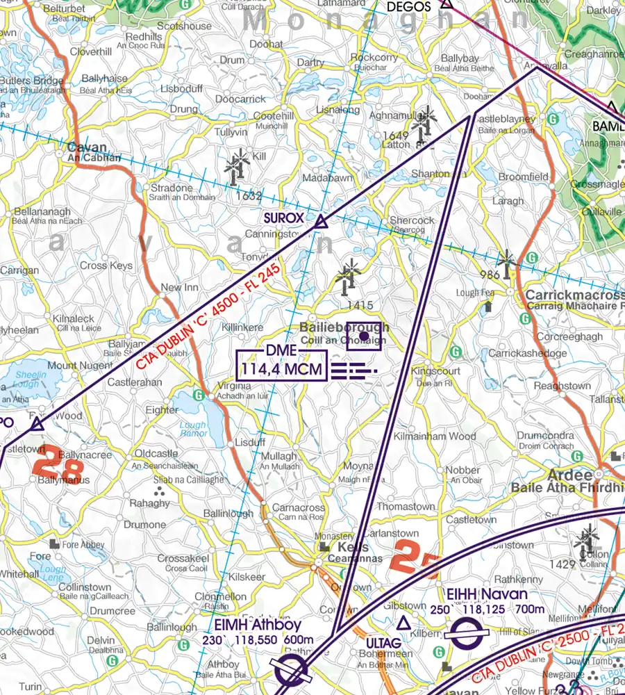 Installation de radionavigation en 500k sur la carte VFR de l'Irlande