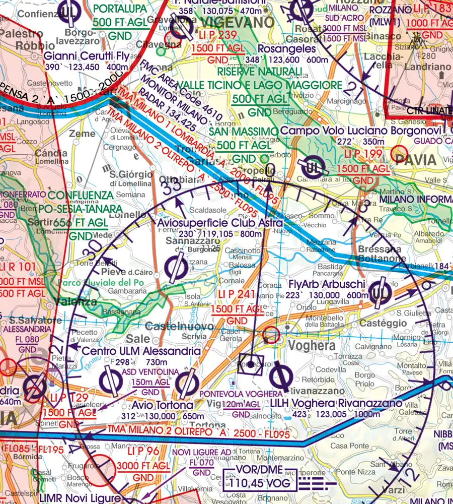 TMA région de contrôle terminale sur la carte VFR en 500k de l'Italie