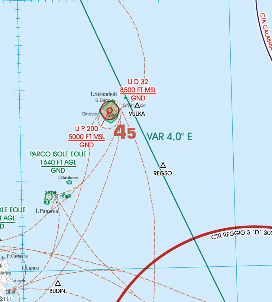 Zone danger et restriction vol sur la carte VFR de l'Italie en 500k