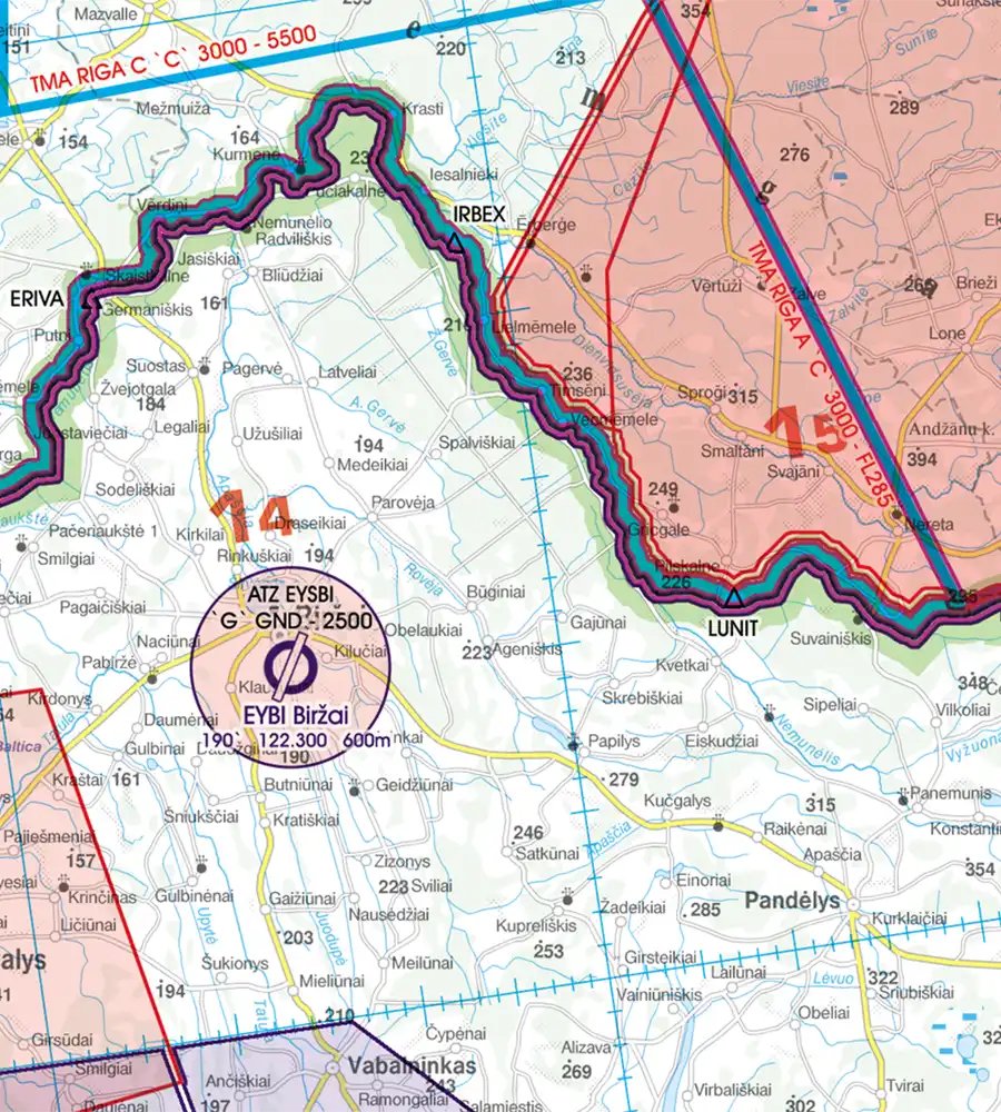 Points de passage frontaliers sur la carte aéronautique de la Lituanie en 500k
