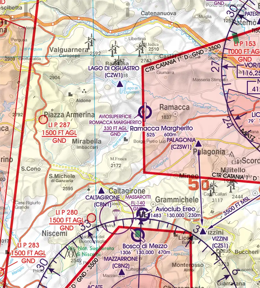 Zone d'activités récréatives aériens sur la carte VFR OACI de Malte et Sicile en 500k