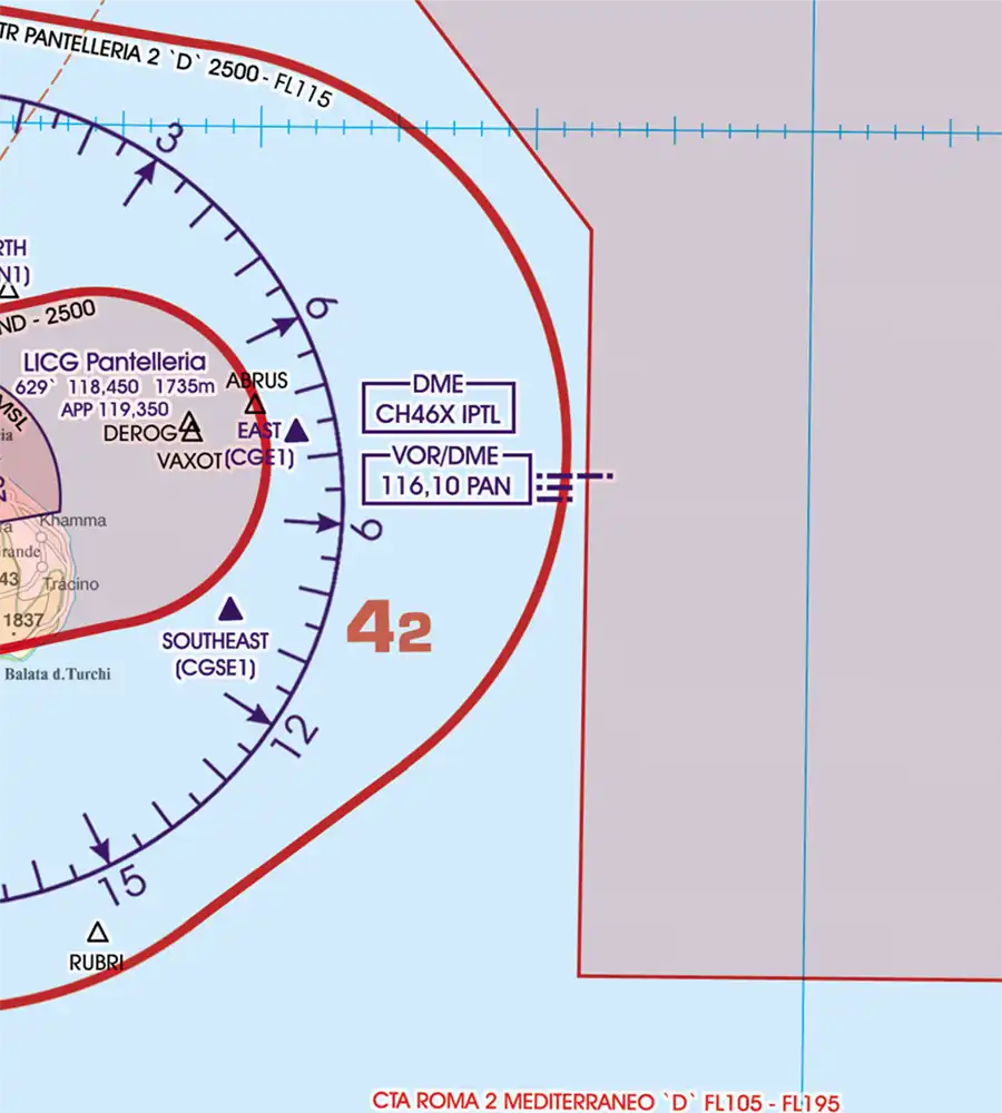 Radiophare omnidirectionnel sur la carte aéronautique 500k de Malte et Sicile