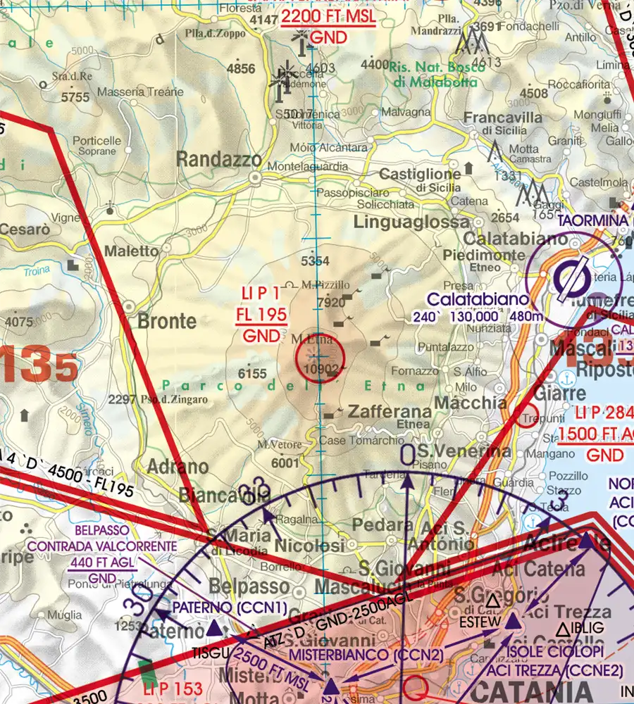 Zone de danger sur la carte VFR de Malte et Sicile en 500k