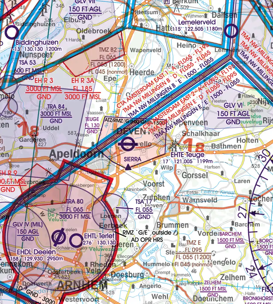 Zone de trafic aérodrome sur la carte VFR des Pays-Bas en 500k