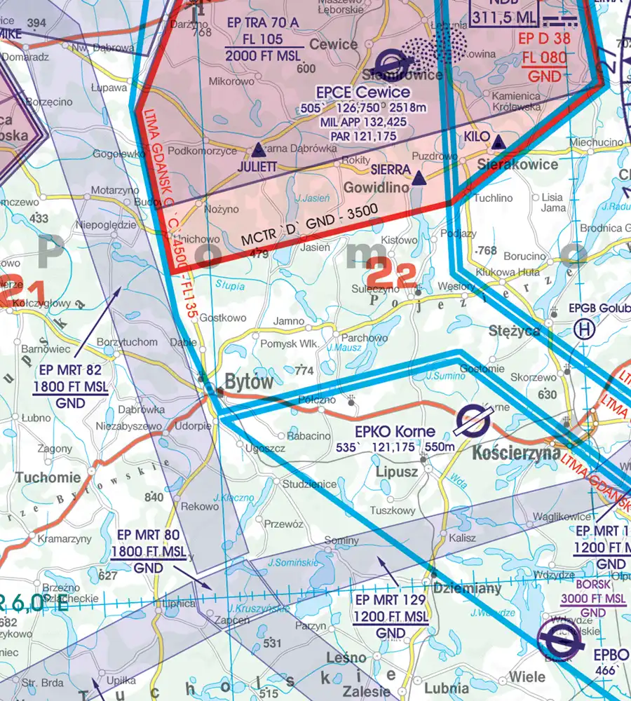 MATZ trafic d'aérodrome militaire sur la carte aéronautique de la Pologne en 500k