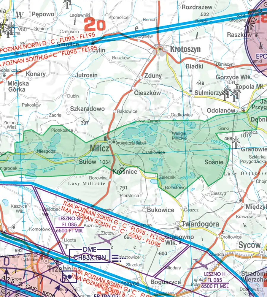 Réserve naturelle sur la carte VFR de Pologne en 500k