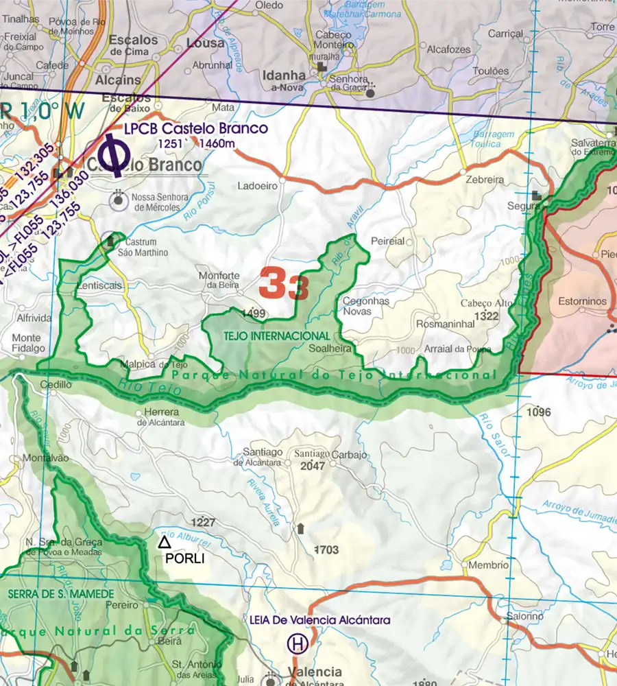 Points de passage frontaliers sur la carte aéronautique 500k du Portugal
