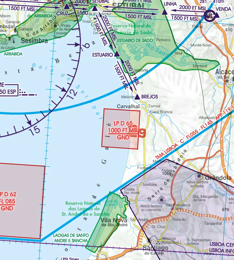 Zone de danger sur la carte VFR du Portugal en 500k