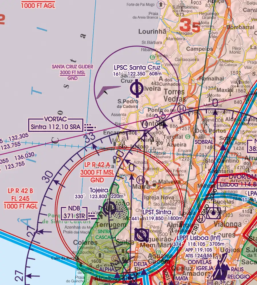 Zones d'activités récréatives aériens en 500k sur la carte VFR du Portugal
