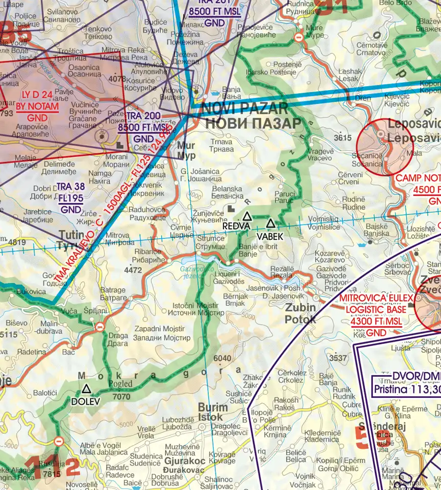 Points de passage frontaliers sur la carte VFR de la Serbie en 500k