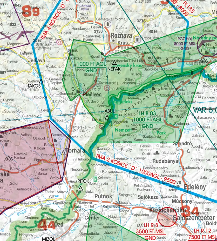 Points de passage frontaliers sur la carte aéronautique 500k de la Slovaquie