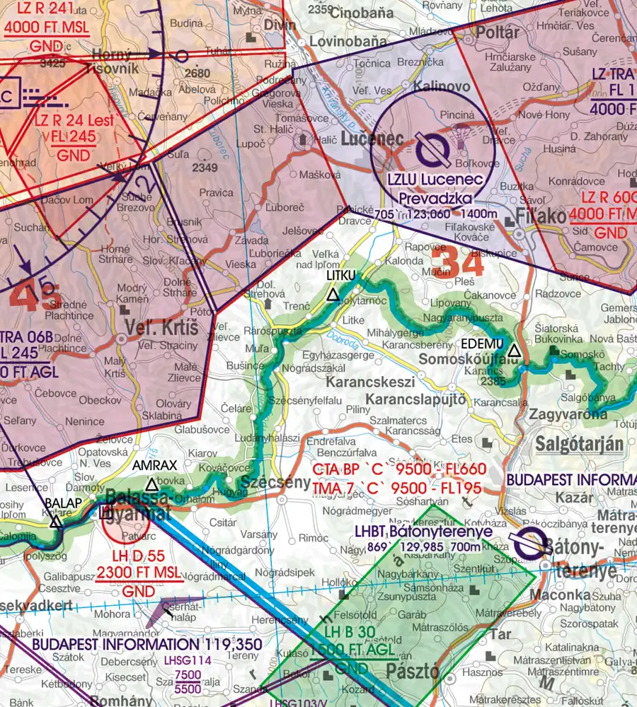 Points de passage frontaliers sur la carte VFR en 500k