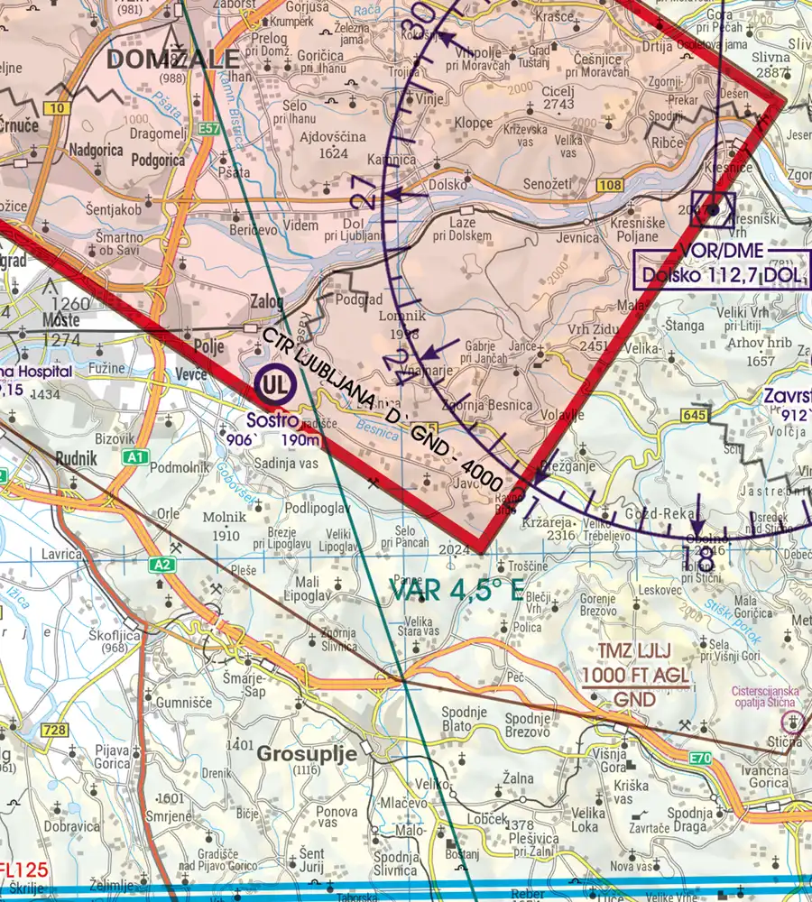 CTR zone de contrôle sur la carte VFR OACI de la Slovénie en 200k