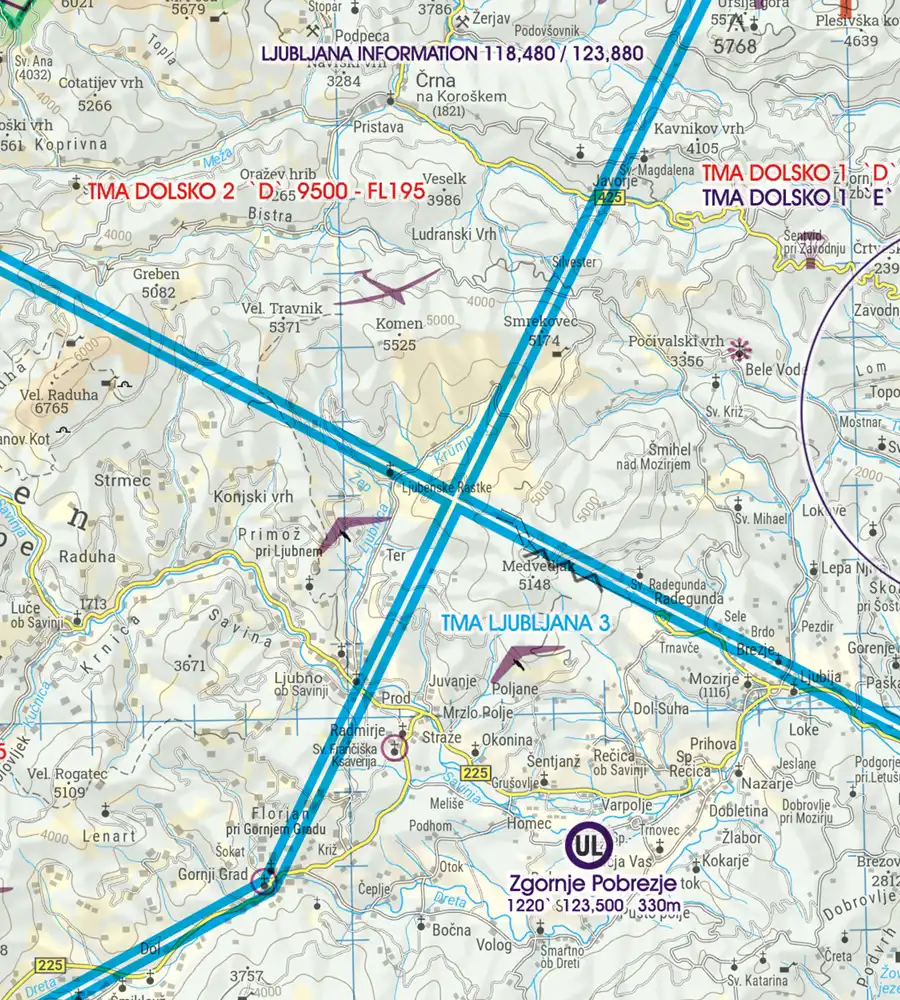 Zones d'activités récréatives aériens sur la carte VFR 200k de la Slovénie