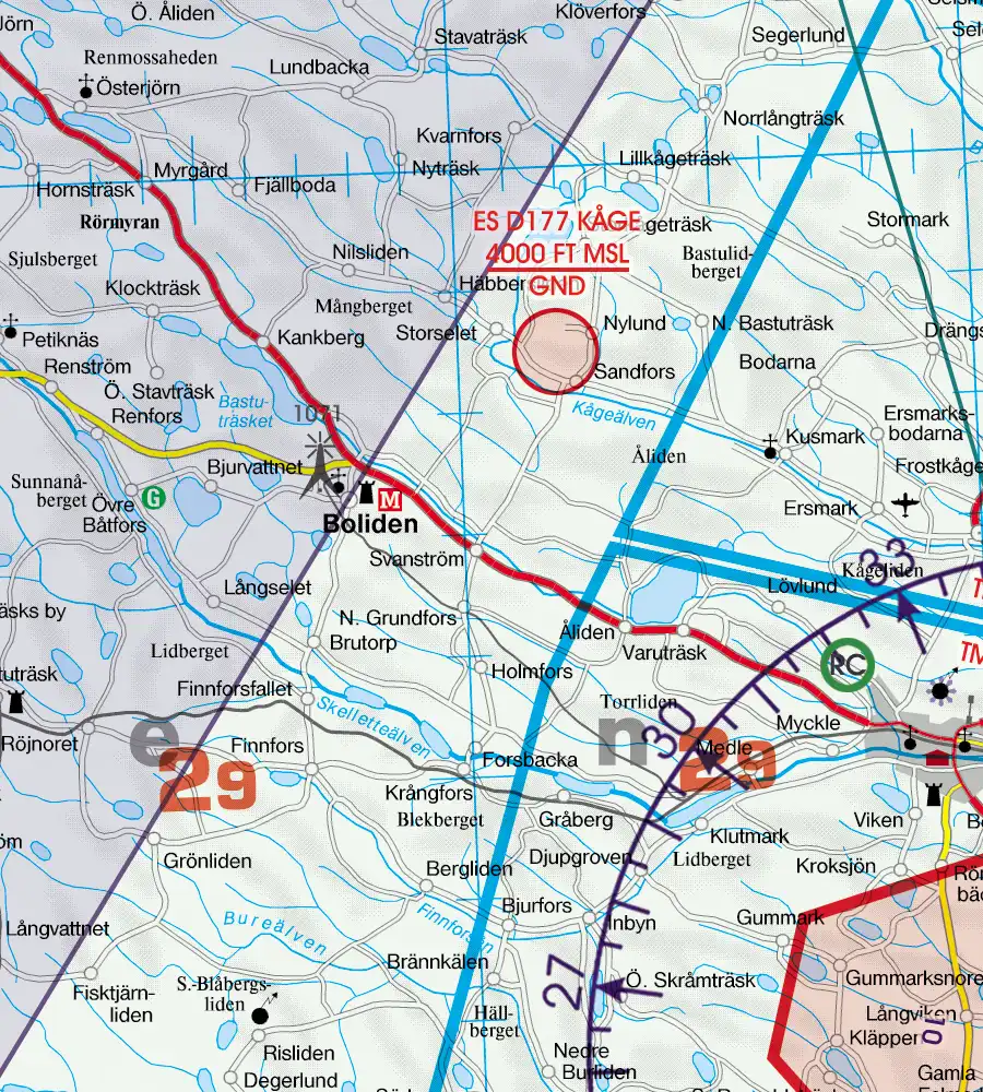 Zone de danger sur la carte aeronautique de la Suède en 500k