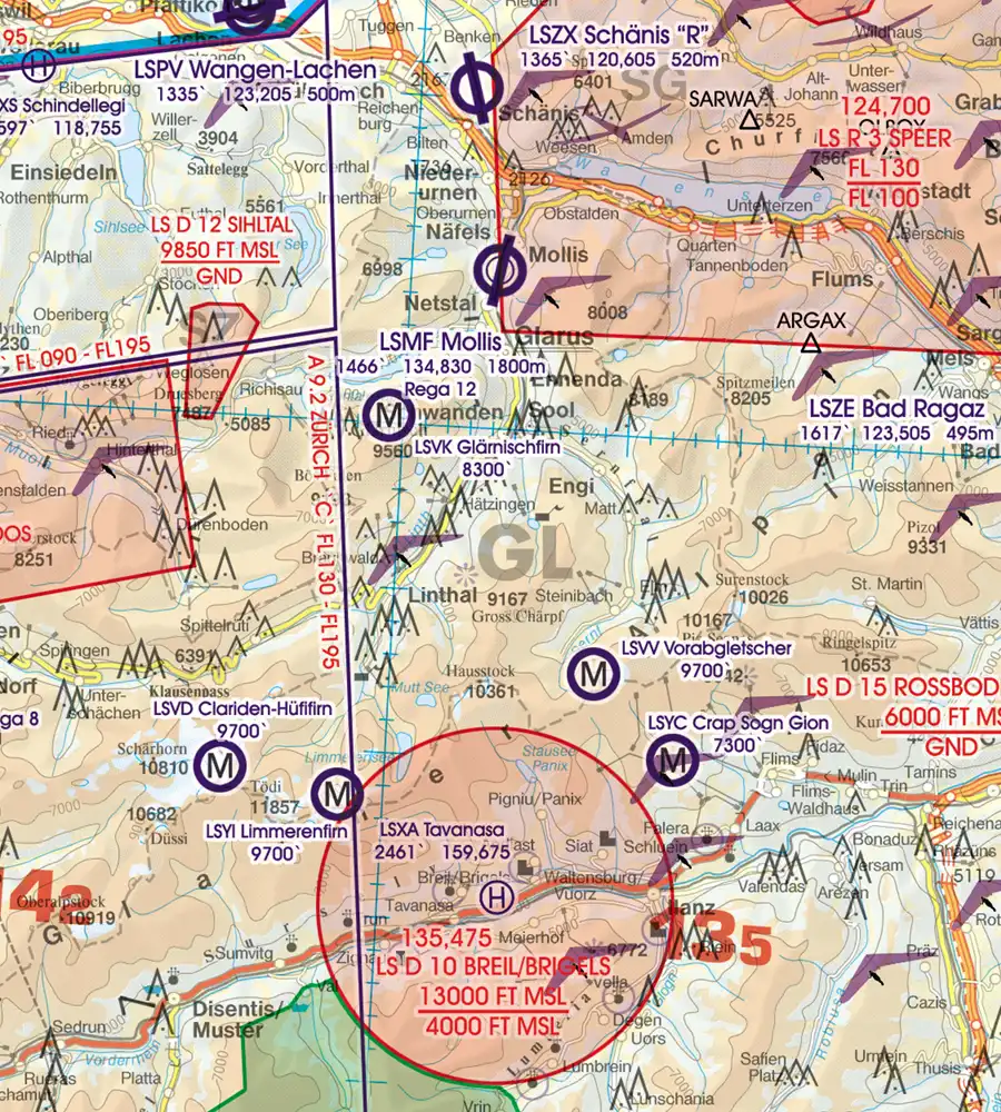 Héliport et aéroport militaire sur la carte VFR de la Suisse en 500k