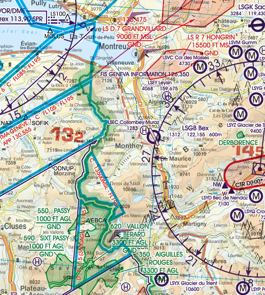 Points de passage frontaliers sur la carte OACI en 500k de la Suisse